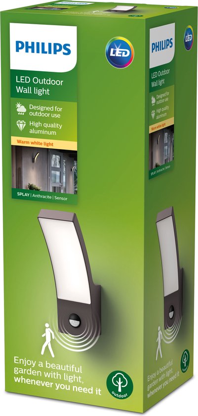 Philips LED Splay Buitenwandlamp – Met Bewegingssensor, Antraciet, Warmwit Licht (2700K), 12W, Spatwaterdicht