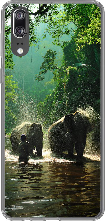 Telefoonhoesje Geschikt voor Huawei P20 hoesje - Olifant - Water - Bomen - Groen - Dieren - Siliconen Telefoonhoesje