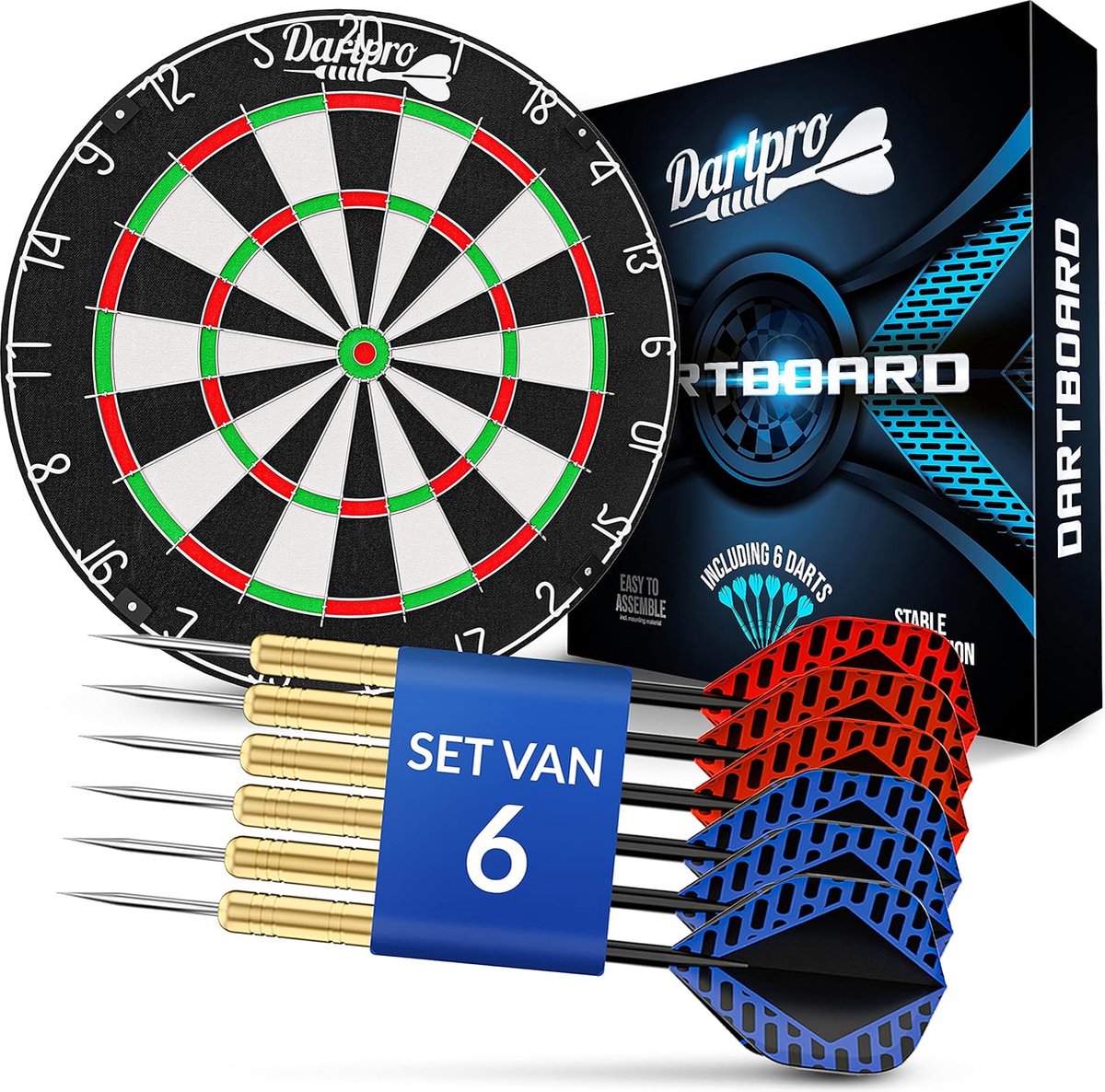 DartPro dartbord met dartpijlen - Professioneel dartbord gemaakt van zelfhelend sisal - Borden met extra dunne draden - Dartbord met 6 dartpijlen - Darts - Dartspijlen - Dartsbord set