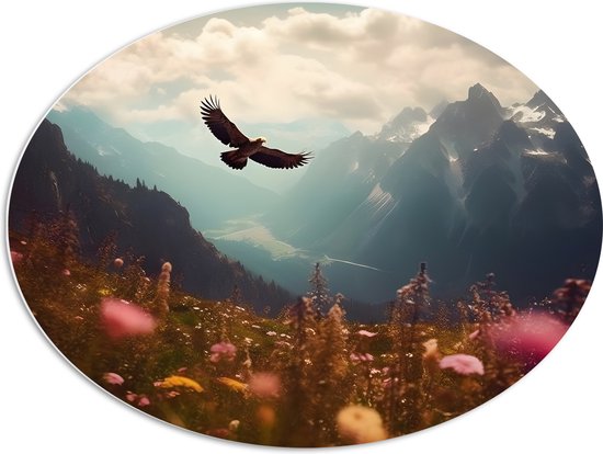 PVC Schuimplaat Ovaal - Adelaar - Vogel - Bergen - Sneeuw - Wolken - Bloemen - 80x60 cm Foto op Ovaal (Met Ophangsysteem)