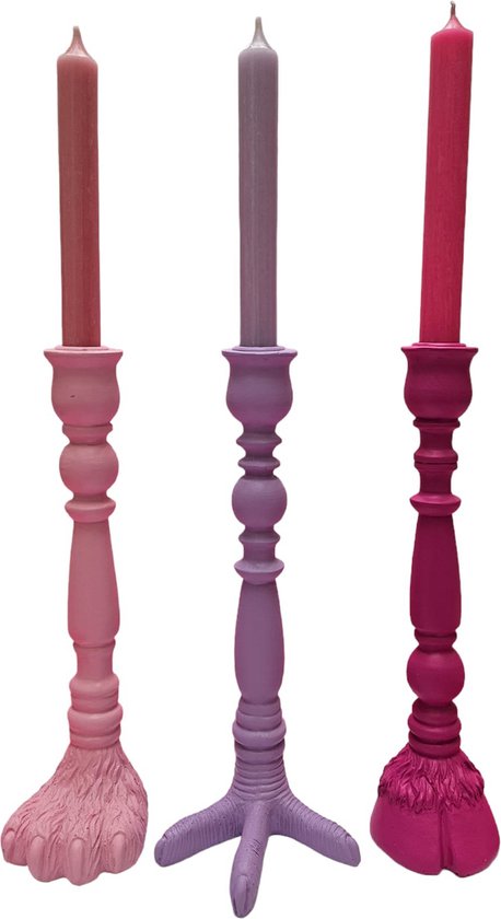 Supervintage kekke gekleurde kandelaars met dierenpoot set van 3 inclusief kaarsen 28 cm - Roze Lila Fuchsia Mila