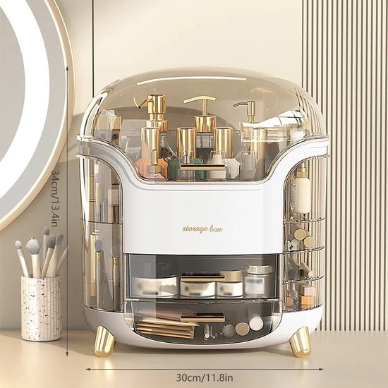 Make-up organizer - Sierraden opbergdoos - opbergbox voor cosmetica - Beautycase - met stofdicht deksel - beauty-organizer met 8 opbergruimtes en draaggreep - Wit