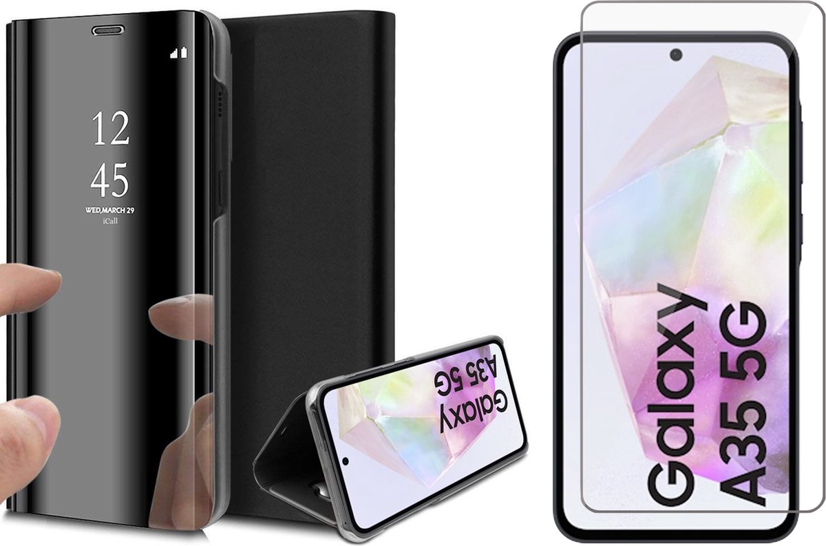 Hoesje geschikt voor Samsung Galaxy A35 - Screenprotector Glas - Spiegel Book Case Zwart