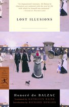 Boek kaft met een illustratie van mensen in 19e-eeuwse kledij op een brug, met de titel 'Lost Illusions'.