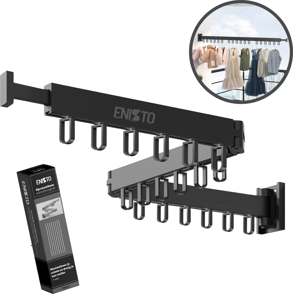 Goedkoopste ENISTO® Wanddroogrek - Inklapbaar Wasrek - Droogrek Hangend - Zwart - Met of Zonder Boren - Uittrekbaar - Ruimtebesparend