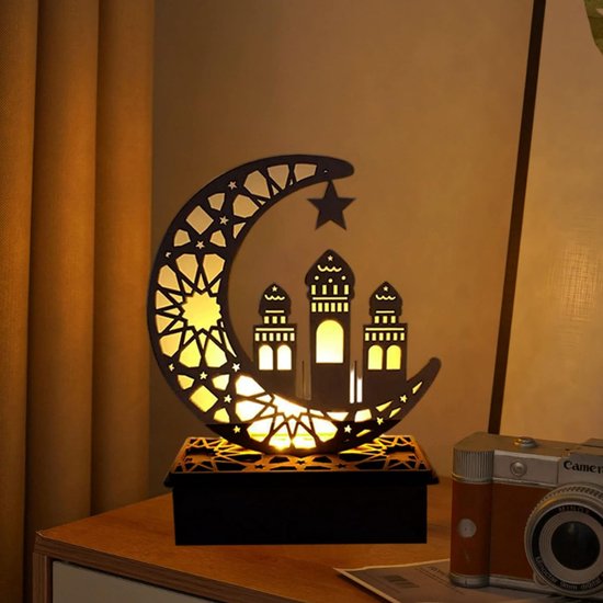 DiverseGoods Houten ledlamp, ramadandecoratie, halve maan, sterren, nachtlamp voor tijdens ramadan, voor feestjes, thuis en als cadeau (C)
