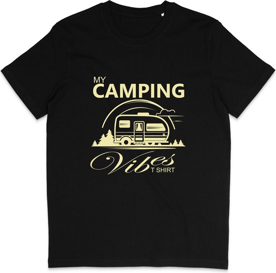 Heren en Dames T Shirt - Kamperen Camping Caravan - Zwart - XS