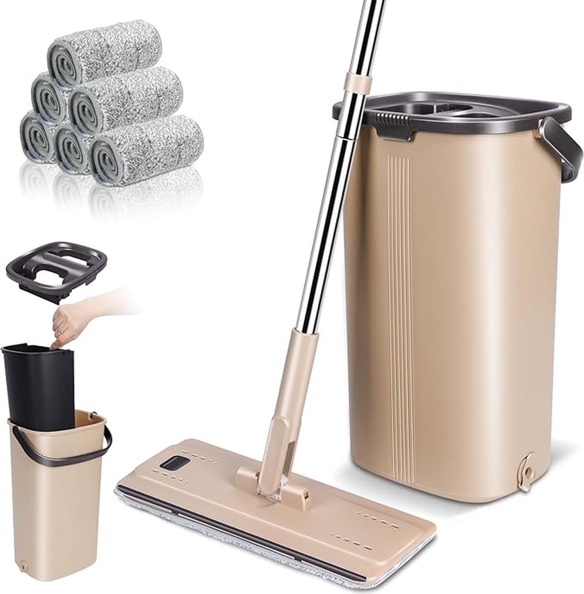 Goedkoopste Stellar Dweilmop Set met Emmer - Dweilmop met Uitwringfunctie - 2-in-1 Vloerwisser - Platte Dweil Vloerwisserset - Met 6 microvezelpads - Dweil - Mop