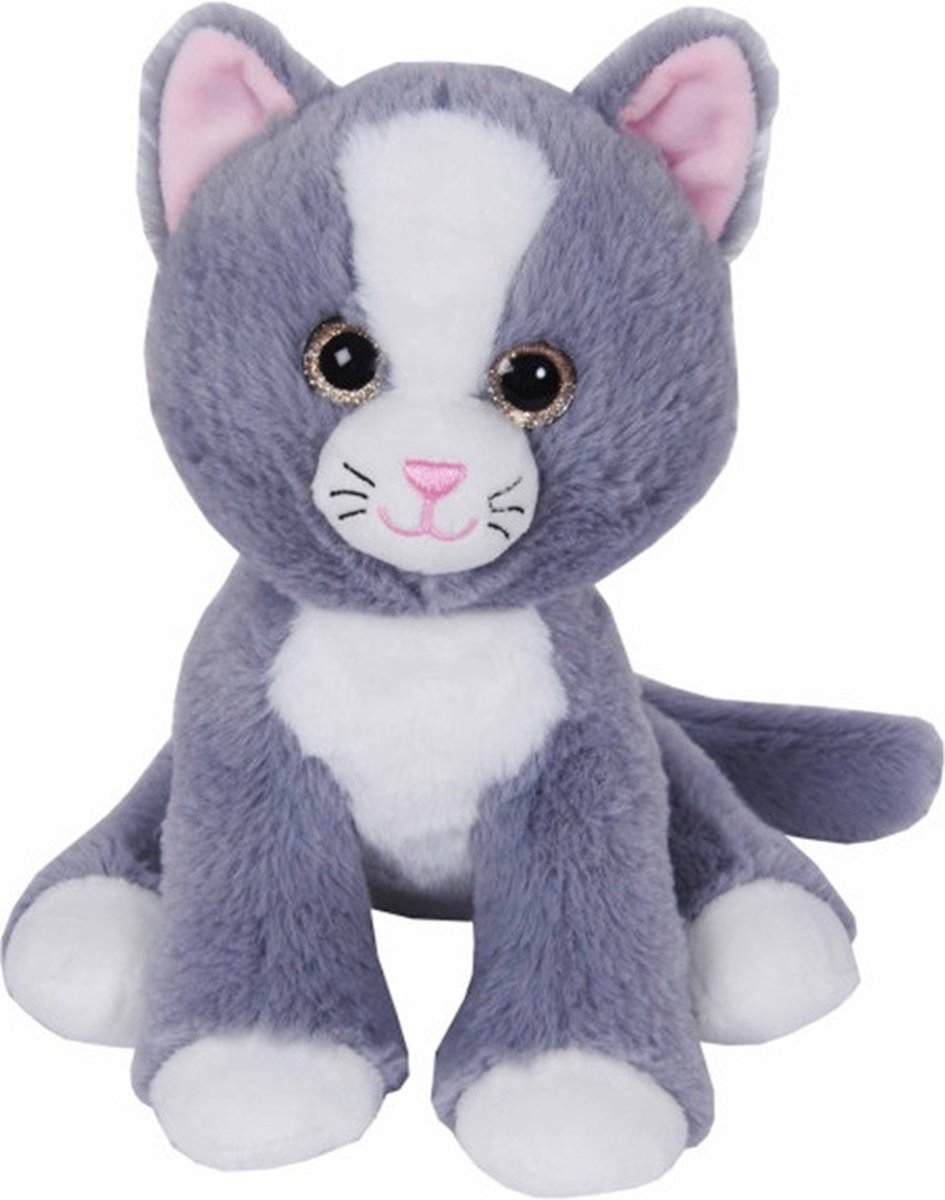 Knuffeldier Kat/poes Minous - zachte pluche stof - dieren knuffels - grijs/wit - 23 cm