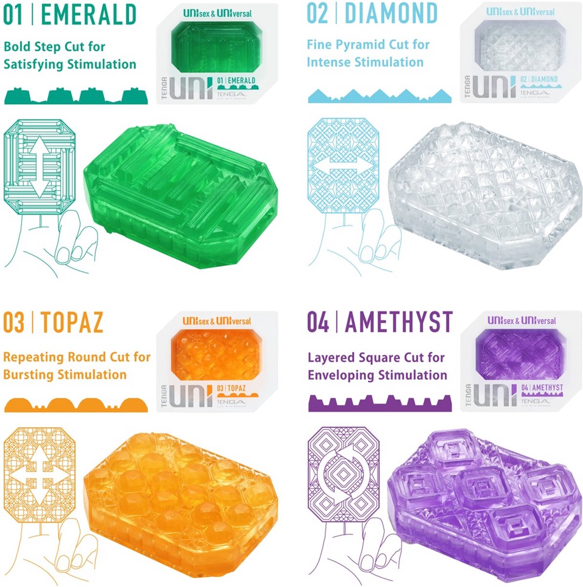 Tenga Uni Variety Pack met 4 Stimulerende Masturbatorhulzen