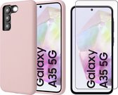 Hoesje geschikt voor Samsung Galaxy A35 - Screenprotector Glas - Mat Back Case Roze