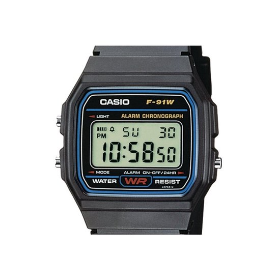 Montre numérique Casio F-91W noire avec écran carré et bracelet noir.