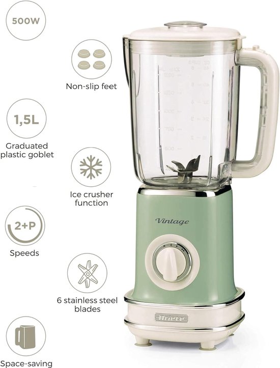 Ariete 0568/14 - Vintage blender - 500W - 1,5L inhoud - 2 snelheden met pulse - Groen van Ariete — afbeelding 3