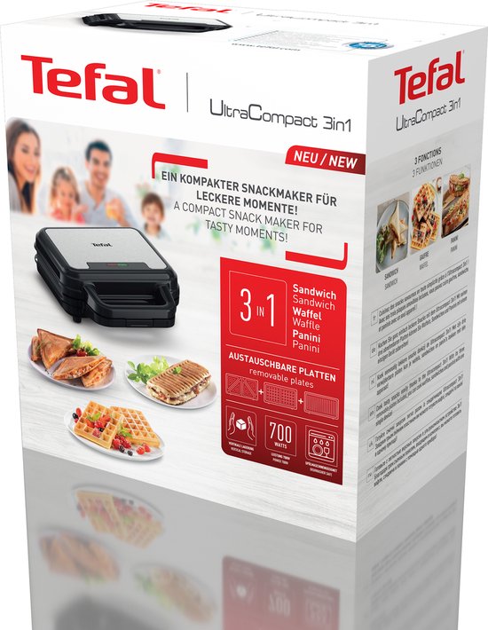 Verpakking van de Tefal UltraCompact 3-in-1 snackmaker die tosti's, wafels en panini's kan maken.