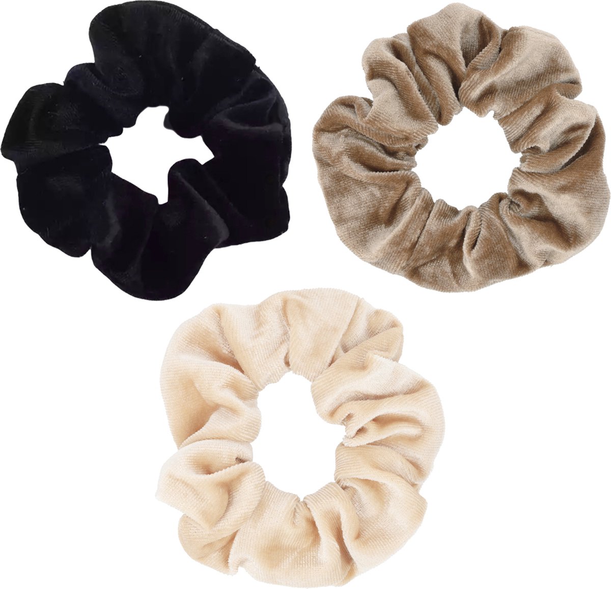 Scrunchie 3 stuks Velvet Extra Vol en Luxe - Haarelastiek Haarwokkel Zwart Lichtbruin en Beige - Kraagjeskopen.nl