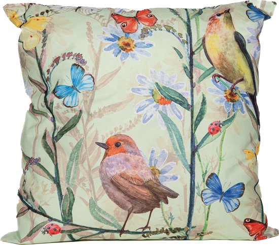 Anna's Collection Sierkussen voor binnen en buiten - vogels - lichtgroen - 45 x 45 cm - tuinkussen