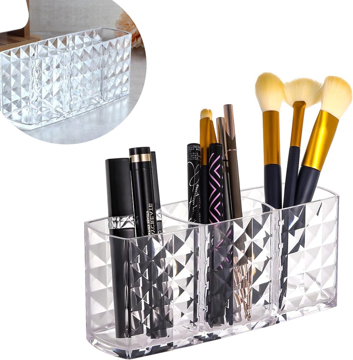 Goedkoopste Borstelhouder, kwastenopslag, make-up-organizer, acryl kristal, make-upkwastenhouder voor badkamer, slaapkamer, wastafel, kantoor, bureau