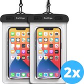 Twee witte waterdichte telefoonhoesjes van Earkings met een telefoon erin. "2x" in blauwe cirkel.