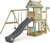 WICKEY speeltoestel klimtoestel FarmFlyer met schommel, pastelblauw zeil & antracietkleurige glijbaan, outdoor klimtoren voor kinderen met zandbak, ladder & speelaccessoires voor de tuin