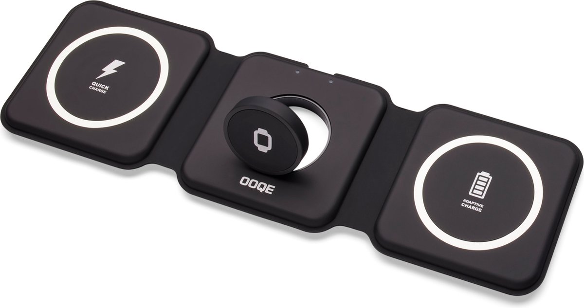 OOQE QCharge Pro - 3-in-1 Draadloze Oplader | 15W Snellader | Magnetisch | Opvouwbaar | Geschikt voor Samsung, iPhone & Android | Geschikt voor Apple Watch, Airpods, Galaxy Buds | Reisbestendig | Zwart - OOQE