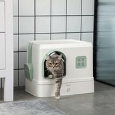 Katzenklo, kattentoilet met schop, lade, deodorant, toilet met een kap voor katten tot 5 kg, ABS, PP, wit+groen 50 x 40 x 40 cm