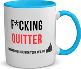 Akyol - fucking quitter i mean goodluck with your new job koffiemok - theemok Blauw - Quotes - iemand die ontslag neemt - collega's - werknemers - verjaardagscadeau - verjaardag - cadeau - afscheidscadeau - geschenk - leuke cadeau - 350 ML inhoud