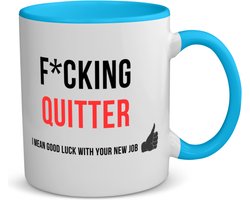 Akyol - fucking quitter i mean goodluck with your new job koffiemok - theemok Blauw - Quotes - iemand die ontslag neemt - collega's - werknemers - verjaardagscadeau - verjaardag - cadeau - afscheidscadeau - geschenk - leuke cadeau - 350 ML inhoud
