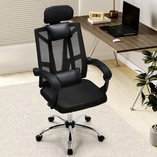 Bureaustoel, ergonomische bureaustoel met armleuningen, managersstoel van netstof met verstelbare hoofdsteun, lendensteun, draaistoel met wieltjes, computerstoel, tot 150 kg, zwart