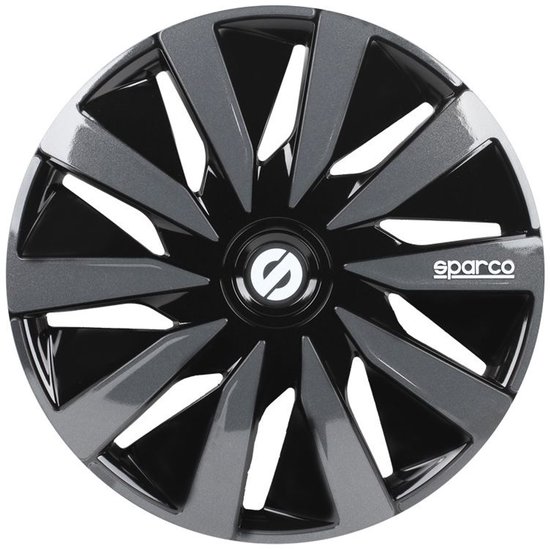 Een 15 inch wieldop met 5 dubbele spaken in zwart en grijs, met een wit Sparco logo in het midden.