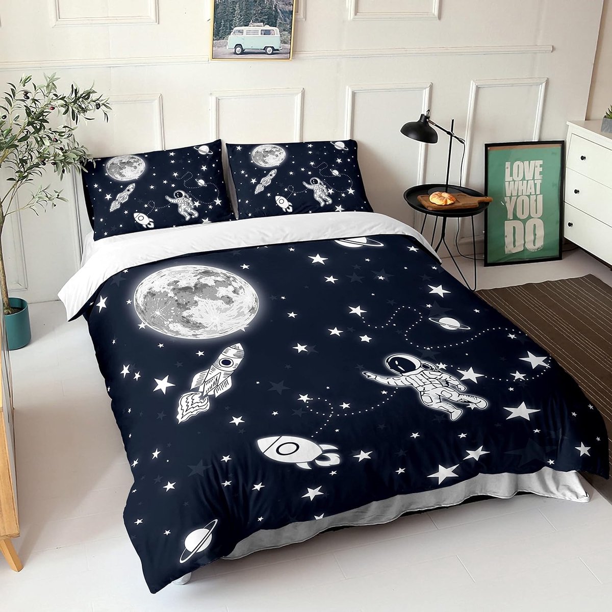 FSYQQASD Galaxy Dekbedovertrek, eenpersoons (140 x 200 cm) 3D-print astronaut dekbedovertreksets, zachte microvezel beddengoedset, 3-delig met kussenslopen, geschikt voor jongens, meisjes en
