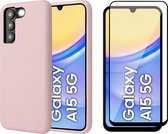 Hoesje geschikt voor Samsung Galaxy A15 - Screenprotector Volledig Dekkend Glas - Mat Back Case Roze