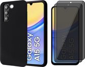 Hoesje geschikt voor Samsung Galaxy A15 - 2x Privacy Screenprotector Volledig Dekkend Glas - Mat Back Case Zwart