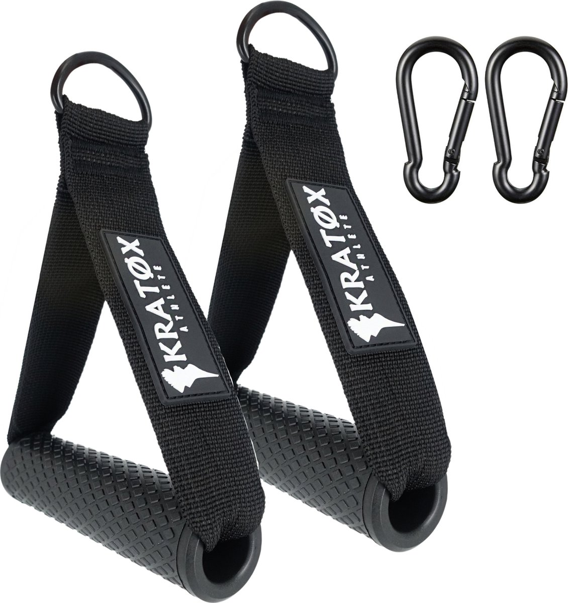 KRATØX Lifting Stap Handles met D ring - Handgrepen Set Inclusief 2 Karbijnhaken - Cable Handle - Voor Krachtstations en Weerstandsbanden - 2 Stuks - Zwart