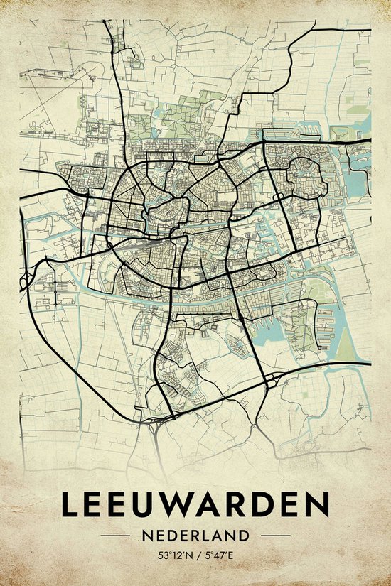 Leeuwarden Poster - Vintage - Leeuwarden Map - Kaart van Leeuwarden - Stad - Leeuwarden Kaart - Leeuwarden Stad - City Map - posters - formaat 60x90cm - Wanddecoratie - 2114