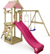 WICKEY speeltoestel klimtoestel FreeFlyer met schommel en pastelroze glijbaan, outdoor speeltoestel voor kinderen met zandbak, ladder en speelaccessoires voor de tuin