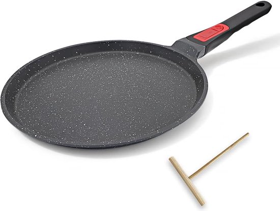 Crêpepan 25 cm met afneembaar handvat - pannenkoekenpan met deegspreider - antiaanbaklaag - inductie - zwart