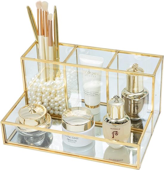 Porte-Pinceaux Maquillage Vintage HARLIANGXY - Verre Et Métal Doré - 3 Compartiments - Organisateur Cosmétique