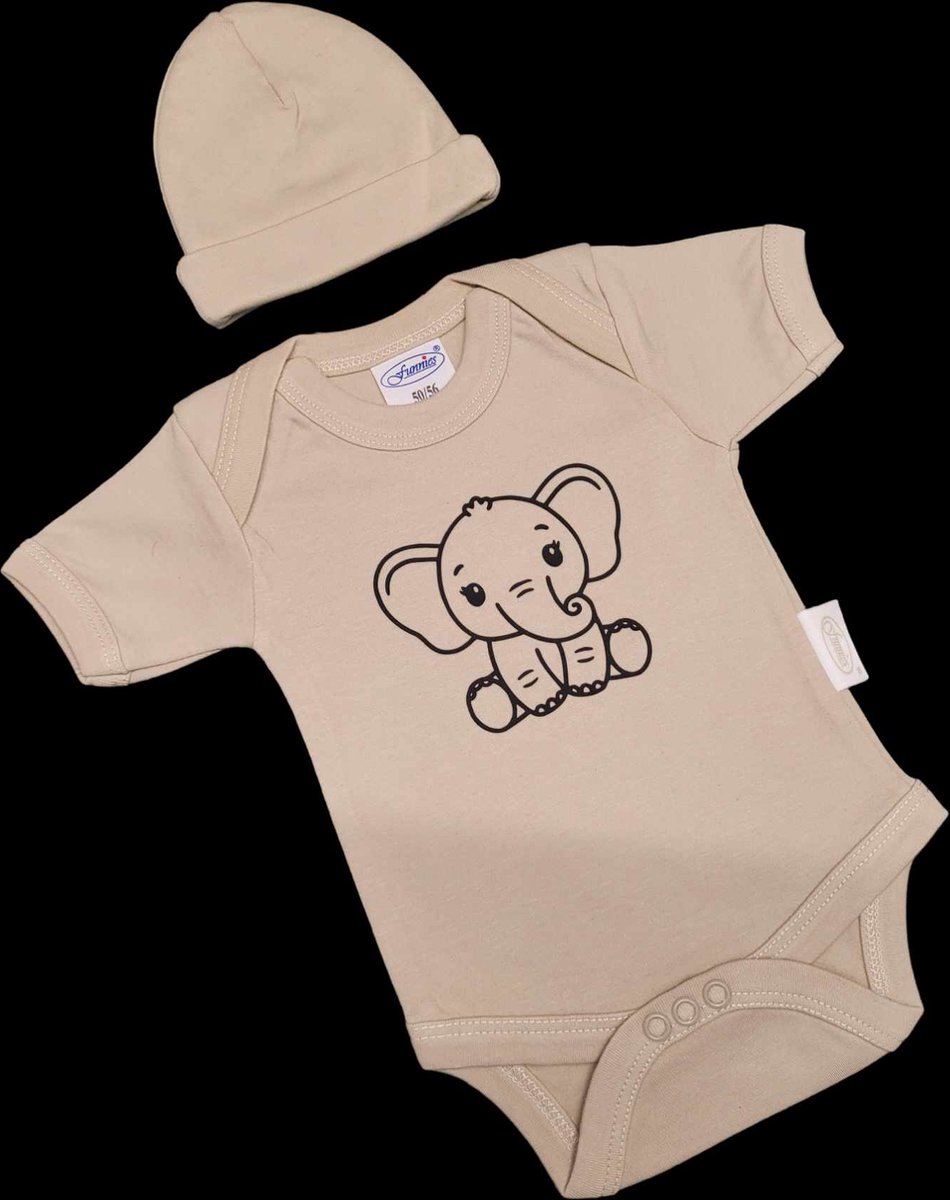 Goedkoopste Kraamcadeau - Setje - Romper en muts - olifant - maat 62/68 - zand
