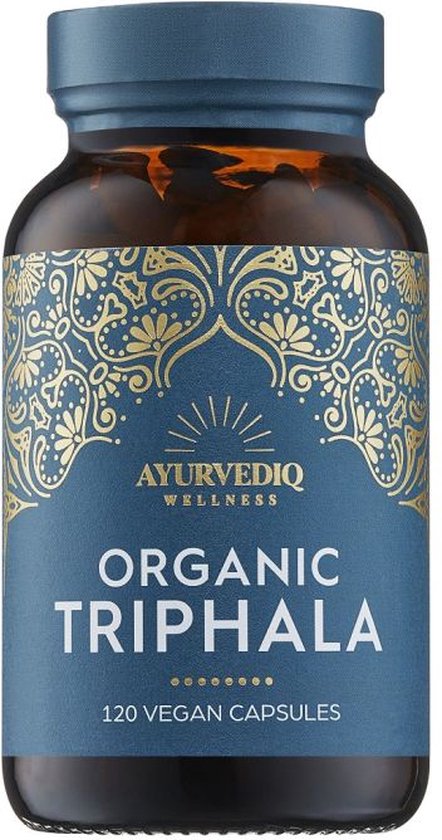Bruine fles met blauw etiket, Ayurvediq Wellness Organic Triphala, 120 vegan capsules.