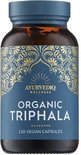Bruine fles met blauw etiket, Ayurvediq Wellness Organic Triphala, 120 vegan capsules.