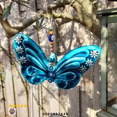 Décoration murale papillon artistique en céramique - Bleu profond avec motifs mauvais œil, 16x24 cm