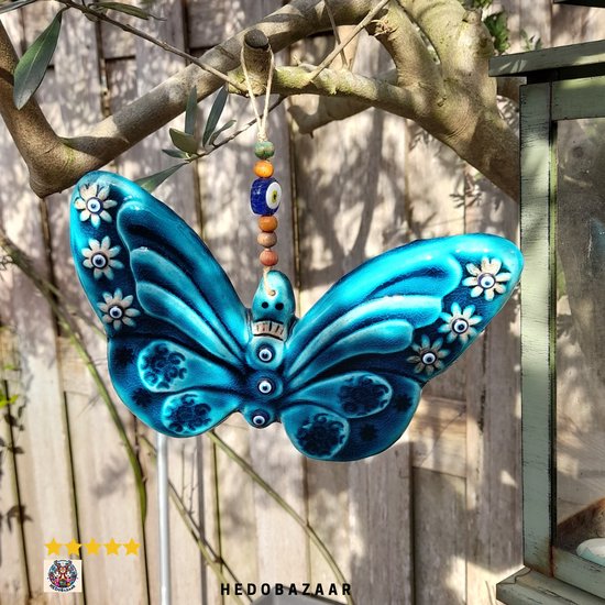 Kunstzinnige Keramieken Vlinder Muurdecoratie - Diepblauw met Boze Oog Motieven, 16x24 cm