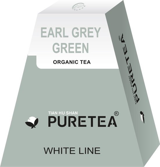 Doos biologische Earl Grey Green thee van Puretea in wit en groen. "EARL GREY GREEN" en "ORGANIC TEA" staat erop.