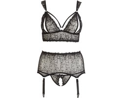 Cottelli Plus Size – Jarretel Set 3 Delig met Open Cups en Kruis voor Ondeugende Slaapkamer Spellen – Maat 3XL – Zwart