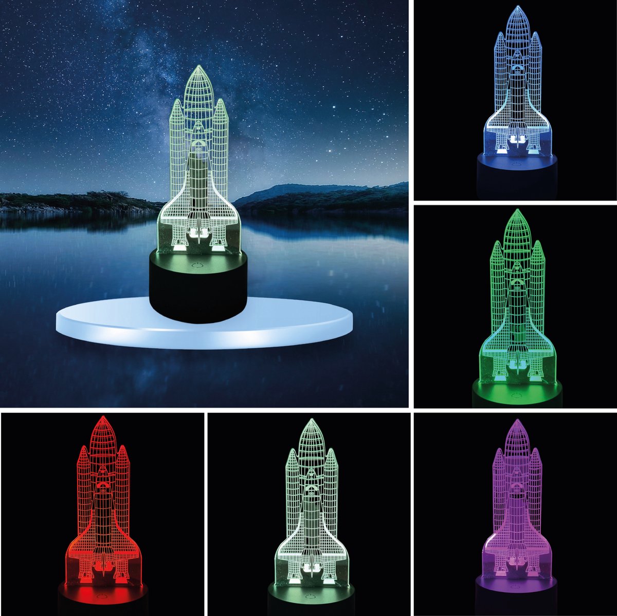 Klarigo® Nachtlamp - 3D LED Lamp Illusie – 16 Kleuren – Bureaulamp – Spaceshuttle - Raket - Space - Ruimte - Ruimtevaart - Sfeerlamp – Nachtlampje Kinderen – Creative lamp - Met afstandsbediening