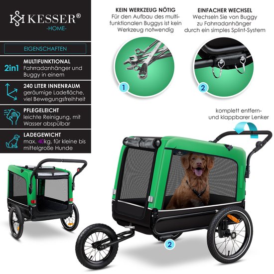 KESSER Dog Trailer Boxer 3-in-1 Dog Bugg & Jogger Bicycle Trailer Large Approx. 240 Litres Volume, Springy, Material: 600D Oxford Canvas, SmartSpace Concept, Maximum Load Capacity: 40 kg KESSER Dog Trailer Boxer 3-in-1 Dog Bugg & Jogger Bicycle Trailer Large Approx. 240 Litres Volume, Springy, Material: 600D Oxford Canvas, SmartSpace Concept, Maximum Load Capacity: 40 kg