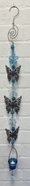 Deco theelichthouder "bloem + vlinders" met metalen ketting - zwarte ketting & blauwe glazen stenen - lengte 110 cm - exclusief theelicht - Woondecoratie - Theelichthouder - Woonaccessoires