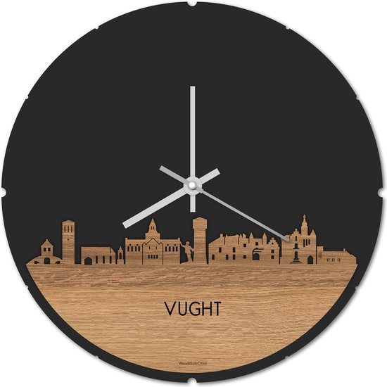 Skyline Klok Rond Vught Eikenhout - Ø 44 cm - Stil uurwerk - Wanddecoratie - Meer steden beschikbaar - Woonkamer idee - Woondecoratie - City Art - Steden kunst - Cadeau voor hem - Cadeau voor haar - Jubileum - Trouwerij - Housewarming -