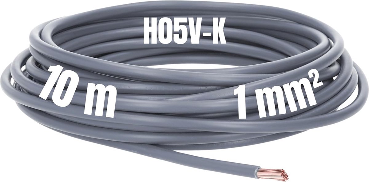 Kalitec 10 meter H05V-K 1 mm² grijze bedradingskabel I kernkabel flexibel I PVC enkeladerig I meeraderig 1mm2 I bedrading fijnaderig I enkele kabel I kabel massief I schakeldraad vlamvertragend