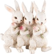 Dekoratief | Trio bunny's m/bloem staand, roze/wit, resina, 13x5x12cm | A240130